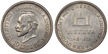 1938 10 Litu Republic ↑↑ KM-84 Ag AU53
