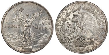 1921-Mo 2 Peso Centennial, 9 Tail F. KM-462  Ag AU53