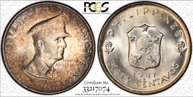 1947-S 50C Douglas MacArthur KM-184  Ag MS65