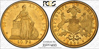 1869-So 10 Peso AU50