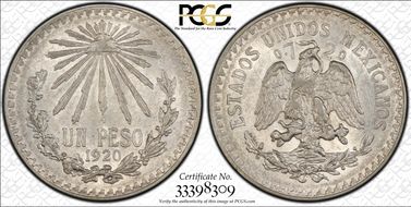 1920-M Peso KM-455  Ag AU58