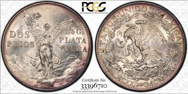 1921-Mo 2 Peso Centennial, 9 Tail F. KM-462  Ag MS62