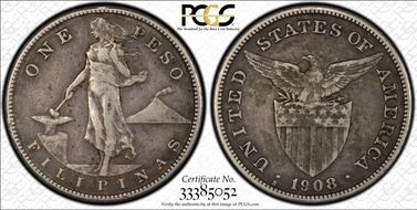 1908-S Peso KM-172  Ag VF30
