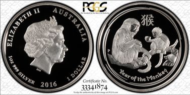 2016-P $1 Year of the Monkey Ag High Relief PR70DCAM