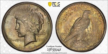 1921 $1 High Relief, Peace MS65+