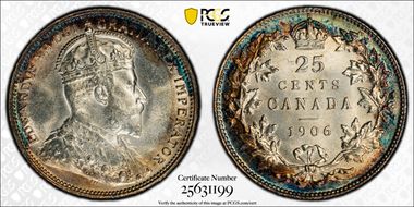 1906 25C Large Rev Crown MS65