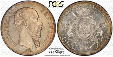 1866-Mo Peso Maximilian KM-388.1  Ag MS63