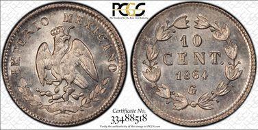 1864-G 10C Maxmilian MS65