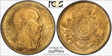 1866-Mo 20 Peso Maximilian KM-389  Au MS63