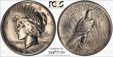 1921 $1 High Relief, Peace N1