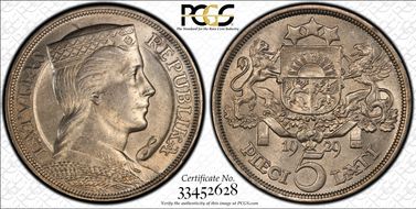 1929 5 Lat KM-9  Ag AU58