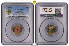 2015 $2 Lest We Forget Colorized Poppy Counterstamp MS66