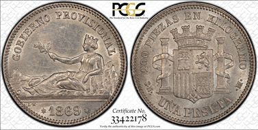 1869-SN M Peseta KM-652 GOBIERNO PROVISIONAL AU55