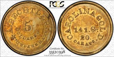 (1842-52) $5 A. Bechtler, 141 Grains, 20 Carats AU53