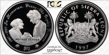 1997 $10 Diana w/ Mother Theresa PR69DCAM