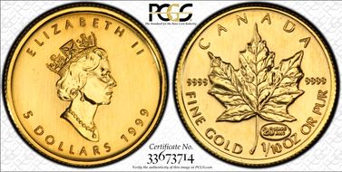 1999 $5 Maple Leaf Au 20 Years ANS Privy MS68