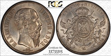 1866-Mo Peso Maximilian KM-388.1  Ag AU55