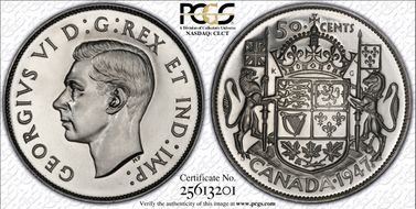 1947 50C Curved 7, Maple Leaf SP67