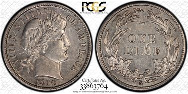 1916-S 10C Barber AU55