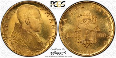 1958 100 L Gold Anno XX MS66