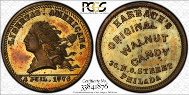 (1876) Token Pa-Ph 930A Brass Harbach's Original Walnut Candy MS65
