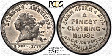 (1876) Token Pa-Ph 760 White Metal John Stilz & Son MS62