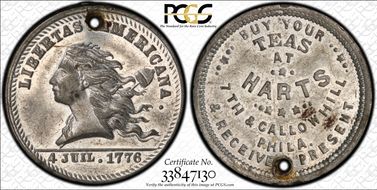 (1876) Token Pa-Ph 950 White Metal Hart's-Holed MS62