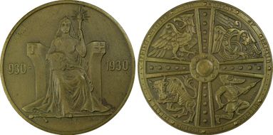 1930 2 Kr X-1 1000 Years Althing Brass Matte MS64