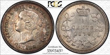 1874-H 5C Large Date, Crosslet 4 AU58