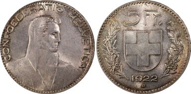 1922 B 5 Fr KM-37  Ag MS62