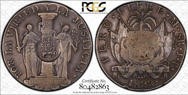 (1832-34) 8 R KM-80 F.7.0 C/M on Peru 8R VF30