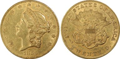 1854 $20 Small Date AU53