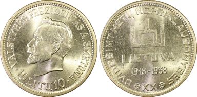 1938 10 Litu Republic ↑↑ KM-84 Ag MS65