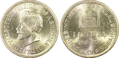 1938 10 Litu Republic ↑↑ KM-84 Ag MS64