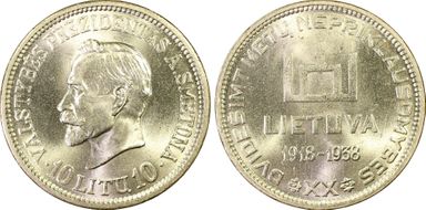 1938 10 Litu Republic  ↑↑ KM-84 Ag MS66+