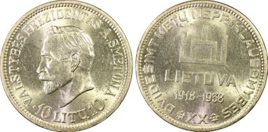 1938 10 Litu Republic ↑↑ KM-84 Ag MS63