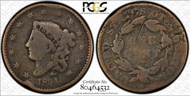 1834 1C Lg 8, Sm Stars, Med Let N1BN