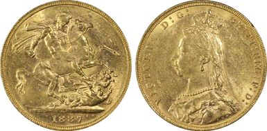 1887-M Sov S-3867B DISH M8 2nd Obv Angled J MS61