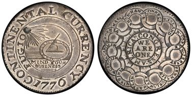 1776 $1 Continental Currency Pewter AU58