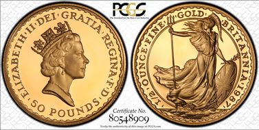 1987 £50 S-BP1 Britannia Au PR70DCAM