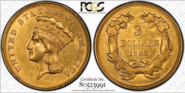 1863 $3 AU58