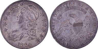 1820 50C O-107, No Serifs on Es AU55