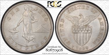1909-S Peso KM-172  Ag AU58