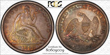 1842 50C Medium Date AU55