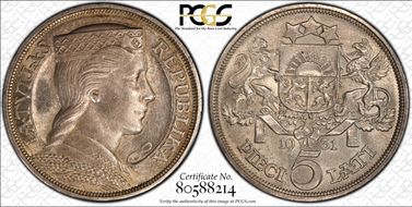 1931 5 Lat KM-9  Ag MS63