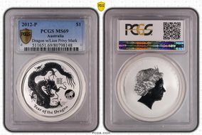 2012-P $1 Year of the Dragon Ag w/Lion Privy Mark MS69
