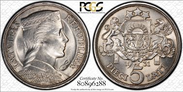 1931 5 Lat KM-9  Ag MS63