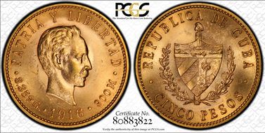 1916 5 Peso KM-19  Au MS63