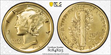 2016-W 10C Mercury Dime Gold 100th Anniversary First Strike SP70