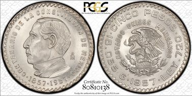 1957-Mo 5 Peso Constitution KM-470  Ag MS67